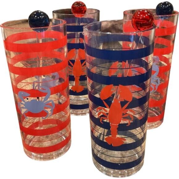 Set Of 4 Coastal Marine Themed Tumblers With Stir Sticks - Picture 1 of 8
